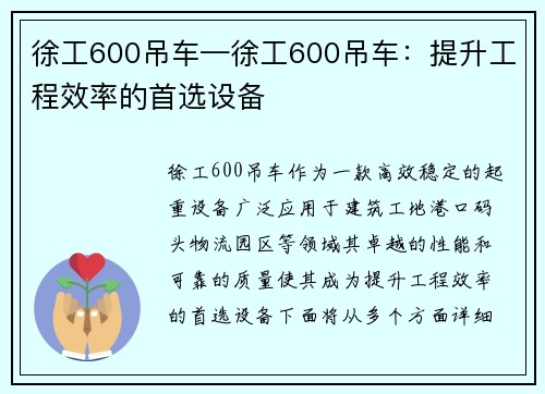 徐工600吊车—徐工600吊车：提升工程效率的首选设备