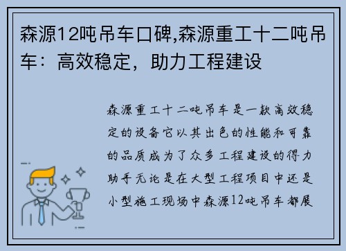 森源12吨吊车口碑,森源重工十二吨吊车：高效稳定，助力工程建设
