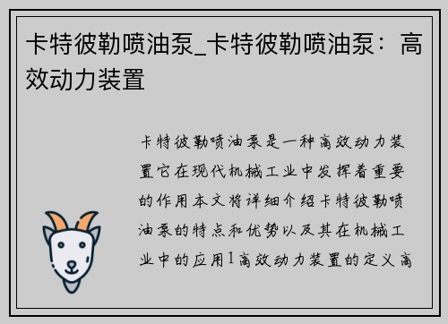 卡特彼勒喷油泵_卡特彼勒喷油泵：高效动力装置