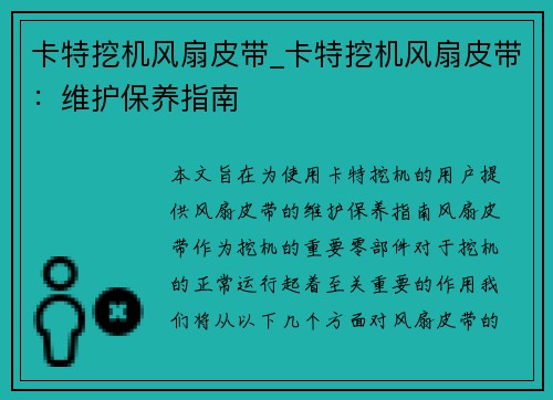 卡特挖机风扇皮带_卡特挖机风扇皮带：维护保养指南